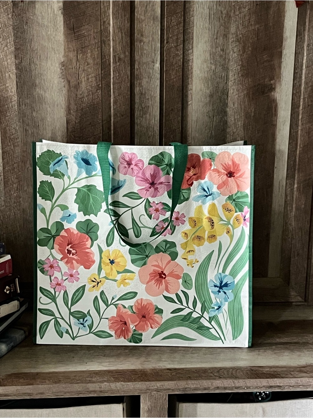 Floral Garden Reusable Tote Bag with Green Handles